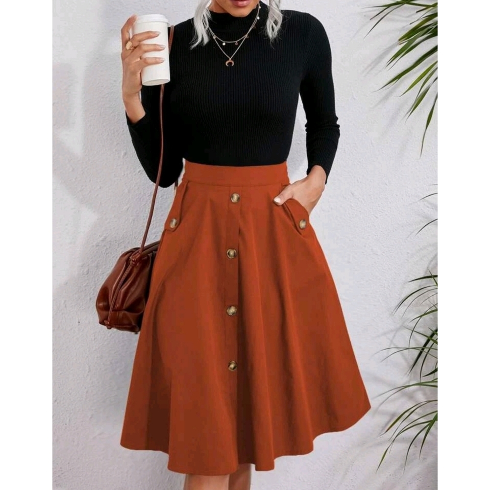 Solid With Pockets Single Breasted Flare Skirt - image 2